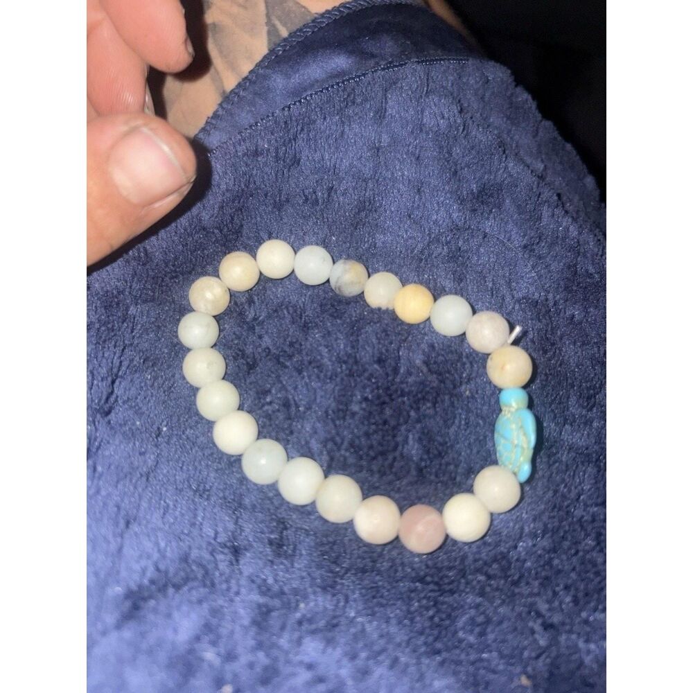 Matte Amazonite Stretch Bracelet Turquoise Turtle Charm Beaded Elastic Jewelry